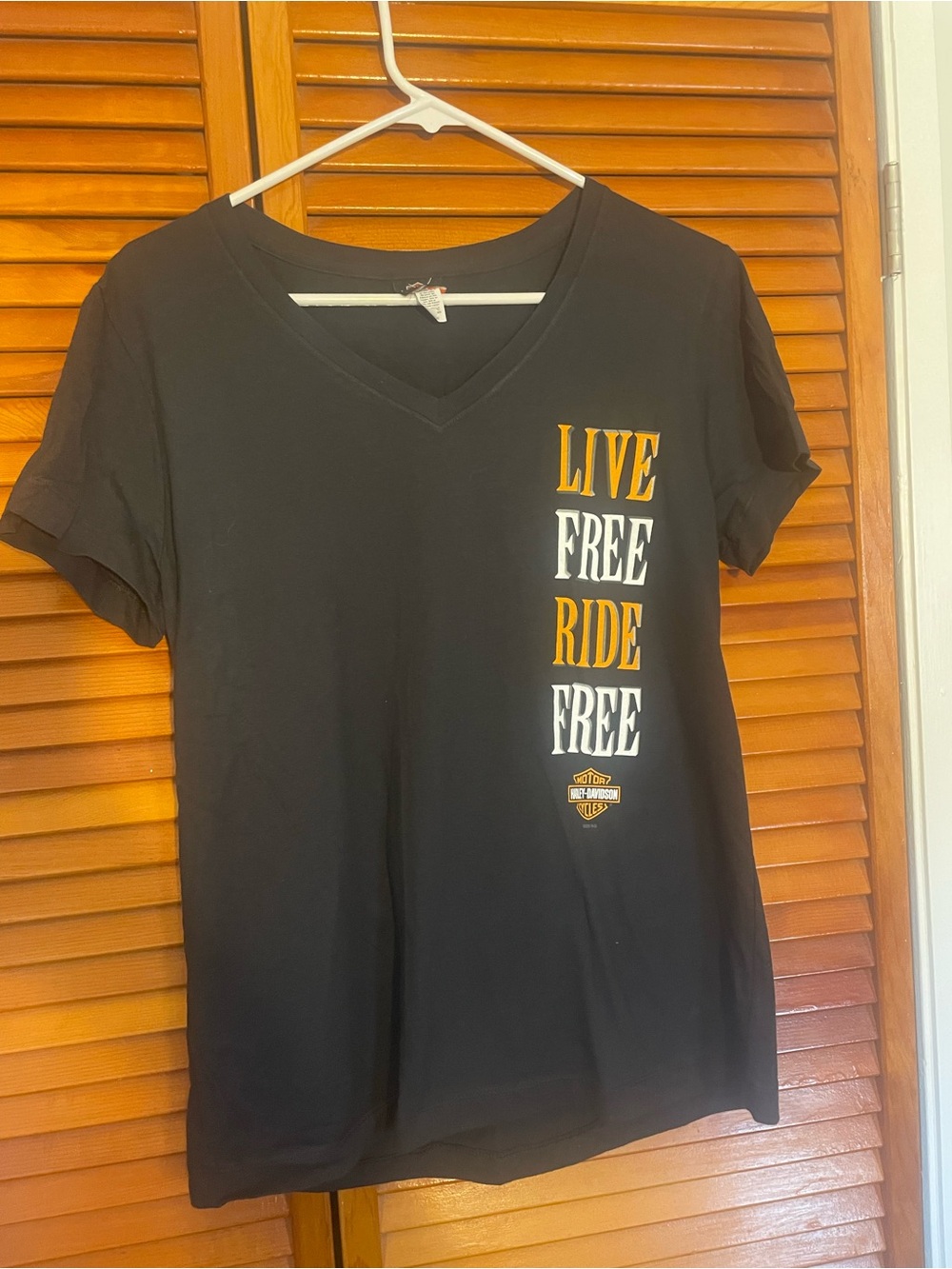 Harley-Davidson Black V-Neck Tee with Orange & White Vertical Slogan